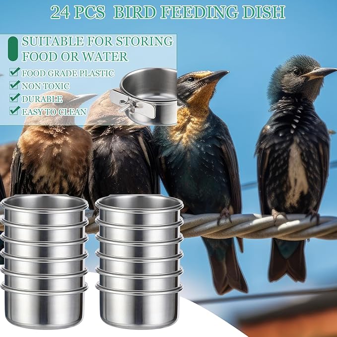Ziliny 24 Pcs Stainless Steel Parrot Food Bowls Bulk 10 oz Bird Feeding Dish Cups for Cages Bird Bowls with Clamp Pet Water Feeders Cage Accessories for Parakeet Parrot Budgie Rabbit Chicken