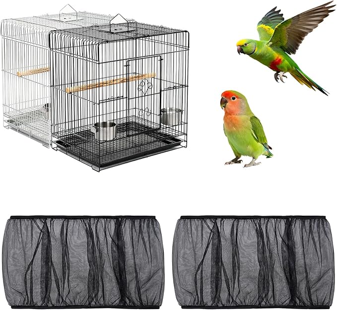 Fengek 2 Pcs Adjustable Bird Cage Cover & Seed Catcher Net - Stretchy Bird Cage Accessories for Night Cover & Seed Guard (Black, XL)