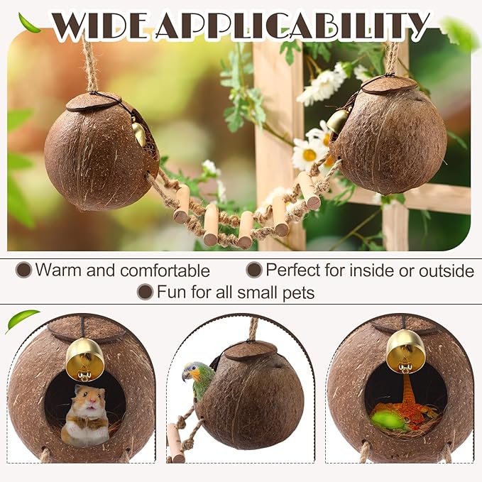 Briwooody Coconut Shell Bird Nest House Breeding Bed Nestingand Anti-pecking Bite with Natural Coir Fiber Bird Nest Toy Bell for Parrot Budgie Parakeet Cockatiel Conure Lovebird Canary Finch (Stylish)