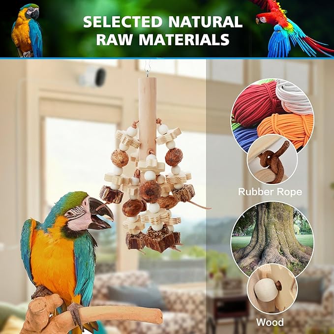 Bird Cage Toys Parrot Toy Designed for Chewing Features Natural Nut and Wooden Blocks, 2PCS Can Be Hung in Medium and Large Sized Parrot Cages