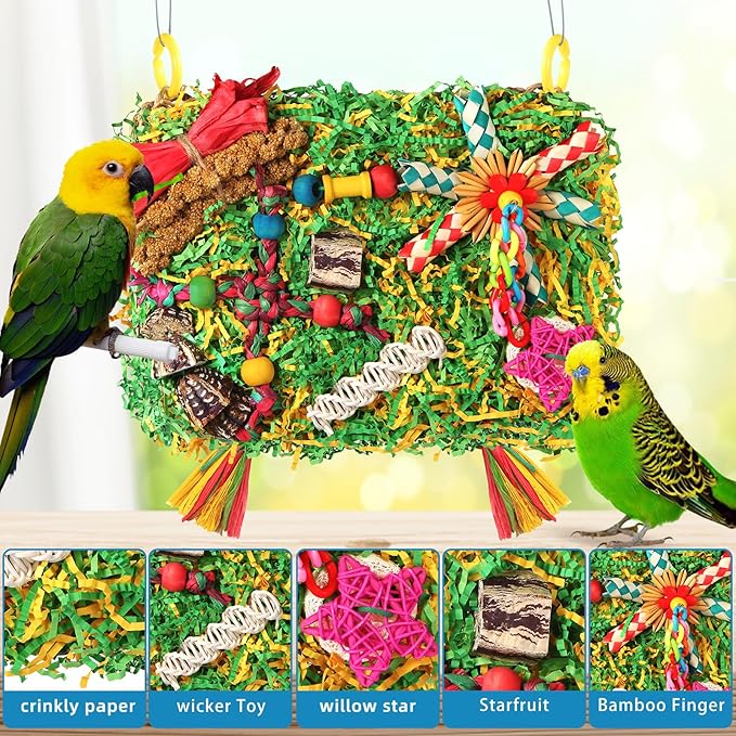 YIXUND Bird Toys Parakeet Toys,Large-Sized Parrot Foraging & Shredding Cage Hanging Toys with Seagrass Mat for Budgies,Cockatiels,Lovebirds,Conures Small & Medium Parrots