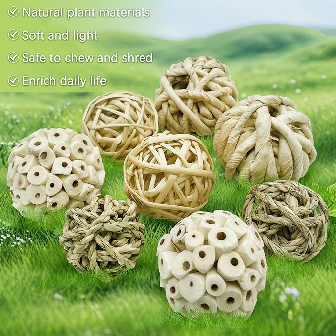 BNOSDM 8PCS Sola Balls Shred Toy Natural Bird Chew Toys Lightweight Conure Foot Toy Interactive Parrot Foraging Toys Bird Chew Balls with Hemp Rope Hook for Budgies Cockatiels Parakeets Senegal
