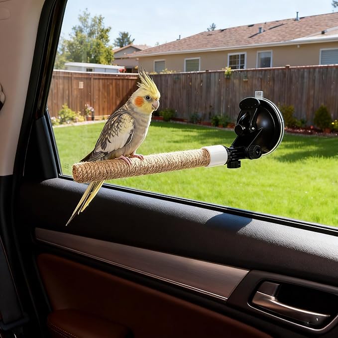 Natural Flax Bird Perch Stand with Strong Suction Cups | Movable Parrot Training Perch for Window/Mirror/Car/Tiles | Universal for Budgie, Cockatiel, Conure (Basic Parrot Perch)