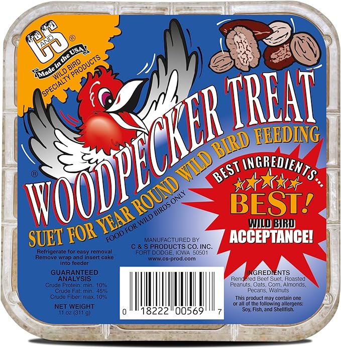 C&S Woodpecker Suet Treat, Outdoor Wild Bird Food for Woodpeckers, Flickers and More, 8 Pack
