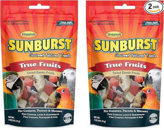 Higgins 2 Pack of Sunburst Gourmet Natural Bird Treats, 5 Ounces Each, True Fruits Flavor, for Conures Parrots and Macaws