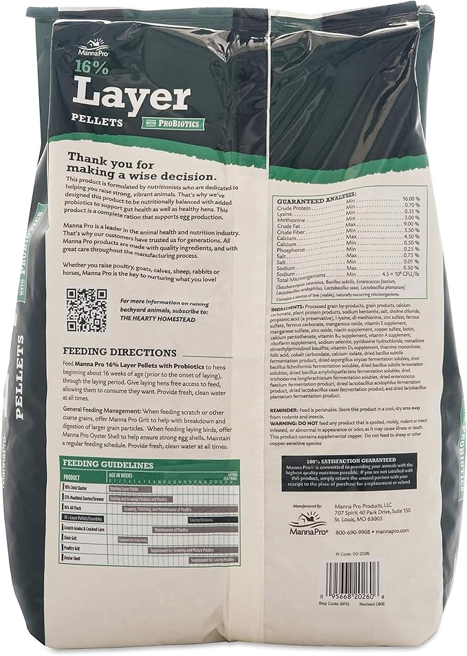 Manna Pro Chicken Feed | 16% Chicken Food with Probiotic Pellets, Layer Feed | 16 lbs (Pack of 2)
