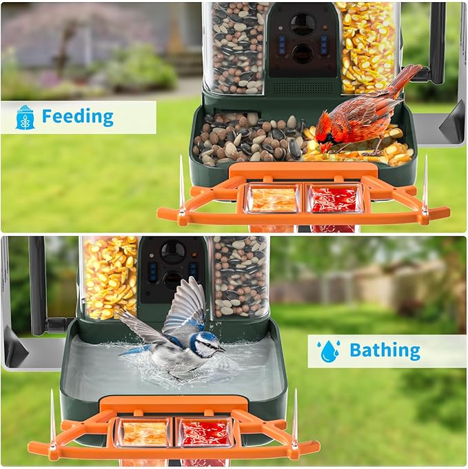 Bird Feeder with Camera and Bath, Dual-Lens 2K HD Video, AI Bird Identification, Solar Powered, Instant Alerts, IP66 Weatherproof
