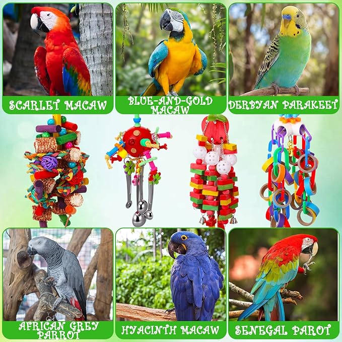 Soulchen 4 Pcs Extra Large Bird Parrot Toy Set Natural Wooden Chewing Toy, Rattan Ball, Wood Nut Loofah String (Bagged) for Large Macaws, African Grey, Amazon Parrots (Corn Cob)