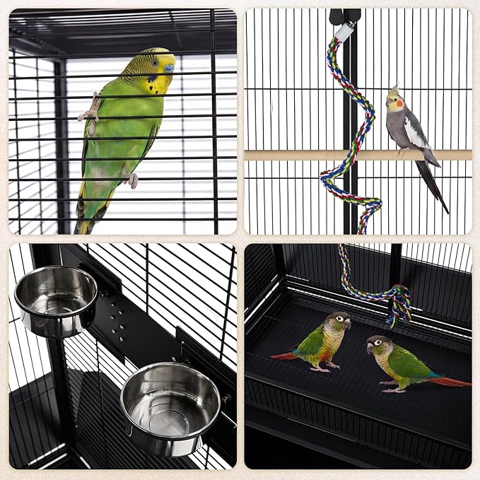 AVAWING 70-Inch Bird Cage with Play Top & Storage Cabinet, Tall Big Bird Flight Cage with Pull-Out Tray, Feeders, Cover, Stand, Rope, Metal Bird Aviary for Macaw Parakeet Cockatiel Budgie, Black