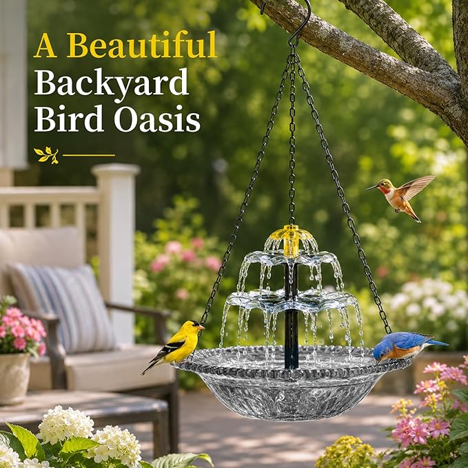 Solar Cascade Hanging Bird Bath Fountain, Large Plastic Bowl with Hanging Chain for Outside Garden Patio and Yard Decor (Gray)