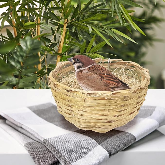 VCEPJH Handmade Bird Nest for Cage 4 Pack Bamboo Canary Breeding Nest with Hook Finch Nesting Hatching House with Fiber Liner for Littile Finch Parakeet Cockatiel Budgie