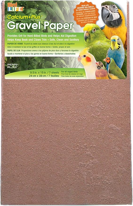 Penn-Plax Bird Life Gravel Paper - 7 Sheets, Bird Cage Liner with Crushed Seashells - Helps Maintain Beak and Claw Health, Provides Safe and Easy Cage Care, 9.5 x 15 Inches