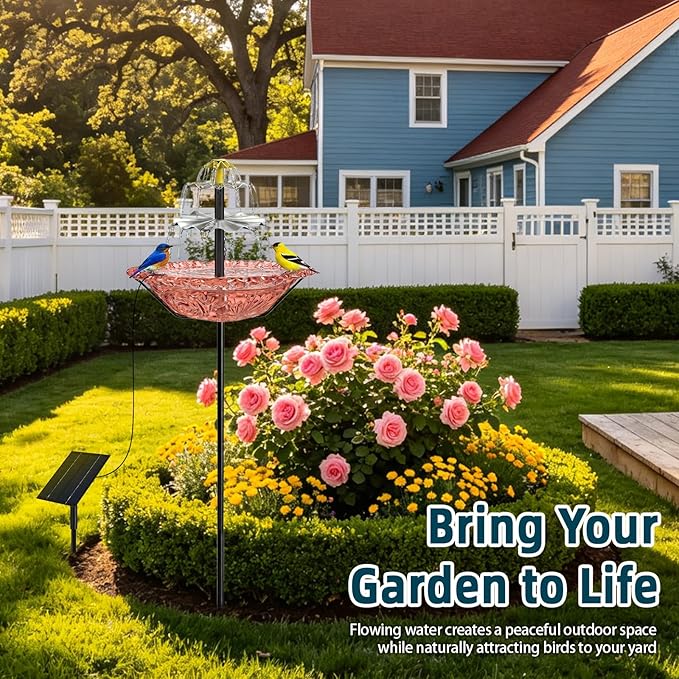 Bird Bath Fountain Solar for Outside, Outdoor Water Fountain Plastic, Attracts Birds with Cascading Spray for Yard & Patio (Pink)