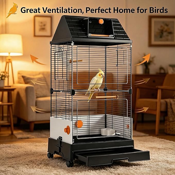 Oneluck Modern Bird Cage with Panoramic View, 38.5" H Bird Aviary for Small to Medium Birds,Birdcage with Easy Clean Tray for Parakeet,Cockatiel,Budgie,Parakeet,Canary,Finch,Quail,Lovebird,Conure