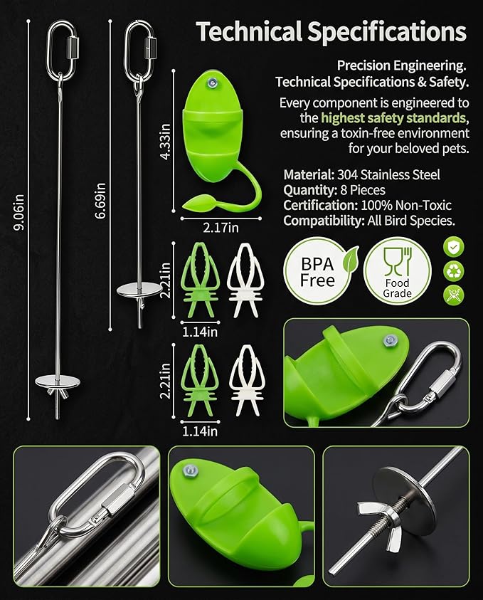 8Pcs Bird Foraging Feeding Kit with Stainless Steel Veggie Fruit Skewers, Plastic Food Clips & Cuttlebone Holders, Hanging Cage Feeder Tools for Parrots Macaws Parakeets Cockatiels Budgies Finches