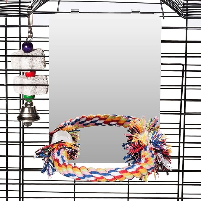 Colorday 7" Bird Mirror for cage with Rope Perch, Bird Swing, Parrot Cage Toy for Parakeet Budgie African Grey Conure Cockatiel Lovebird Finch Canarie, Medium