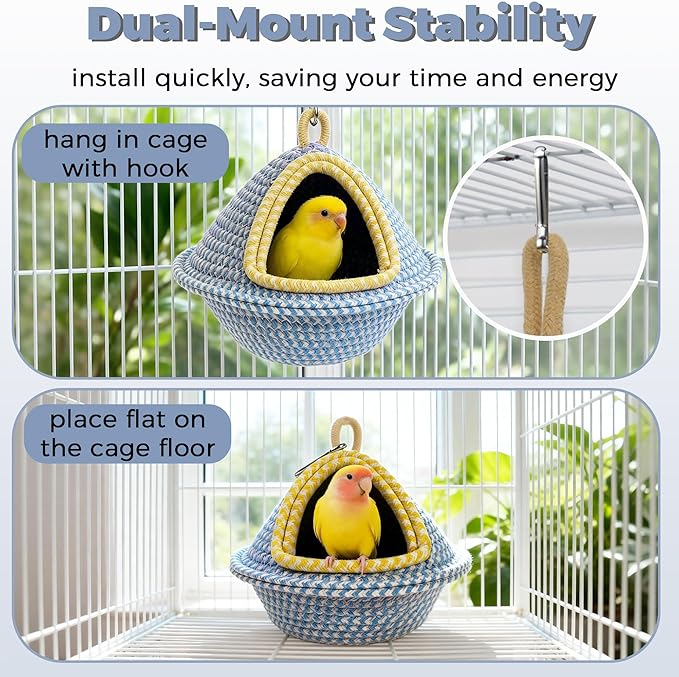 Natural Hand-Woven Cotton Bird Nest for Cage, Dual-Mount Sturdy Cozy Parrot Nest Bed & Breeding House, Hanging Bird Hut for Budgie, Lovebird, Small Bird Sleeping Bed Hideout & Shelter with Hooks
