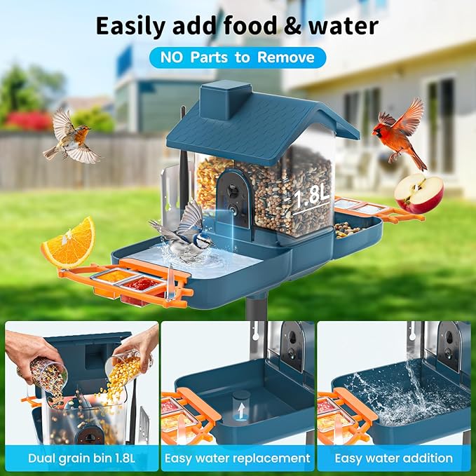 Bird Feeder with Camera & Bird Bath for Outdoors, 2K HD Dual-Lens Smart Feeder Solar Powered, AI Bird Identification, Instant Alerts, IP66 Weatherproof for Outside Bird Watching