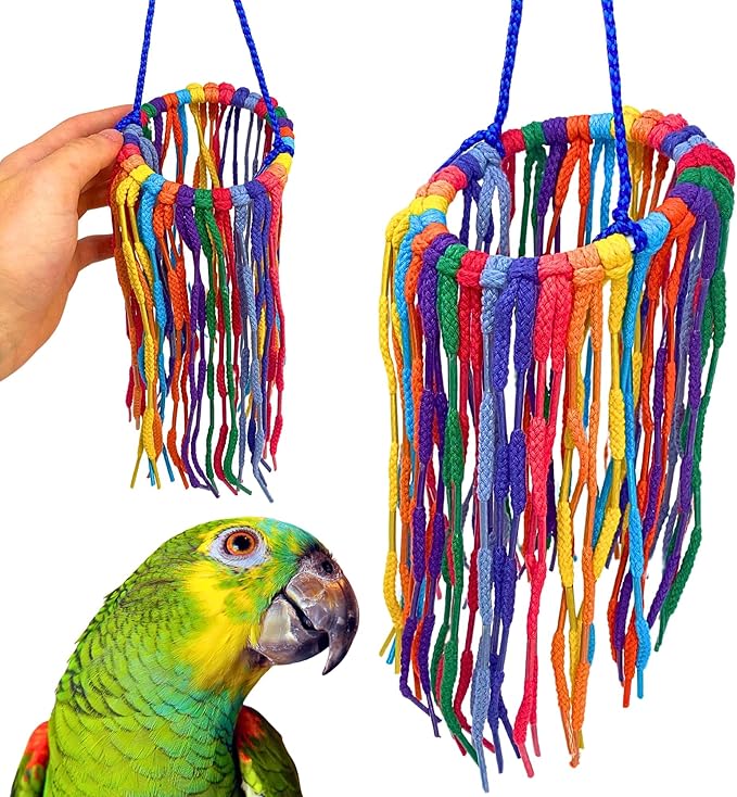 Bonka Bird Toys 51214 Small Aglet Heaven Cotton Shoelace Toy with Plastic Aglets and 2" Ring for Parakeets Cockatiels Quakers Pionus Small Bird Enrichment (Pack of 2)