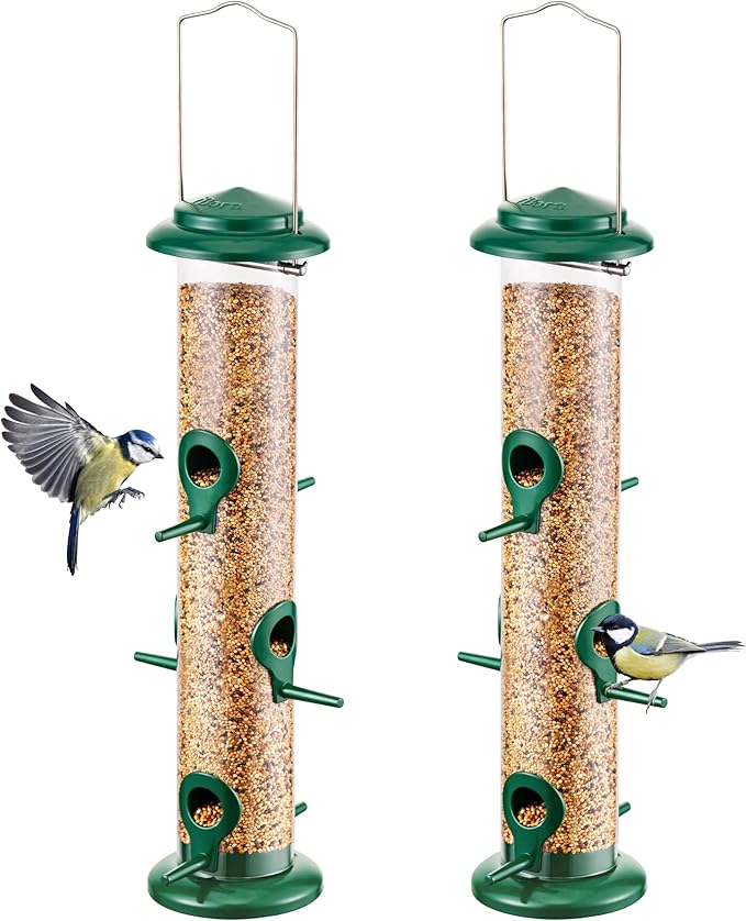 iBorn Metal Bird Feeders 6 Ports Hanging Wild Bird Seed Feeder for Mix Seed Blends, Seed Feeder, Sunflower Heart, Birdbath, Heavy Duty All Metal Green Finishing 15 Inch 6Port, Pack of 2,Gift Box