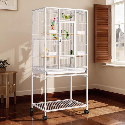VIVOHOME 54 Inch Wrought Iron Large Bird Flight Cage with Rolling Stand for Parakeets Canaries Cockatiels Lovebirds Conures, White