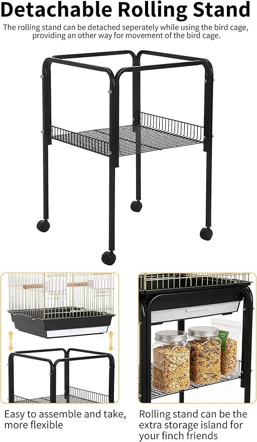 Garvee Bird Cage, 57‘’H Open-Top Durable Bird Cage w/Rolling Stand, Removable Tray, Extra Storage Stand, Brakable Casters,Large Dorr for Access, Indoor& Outdoor Use for Birds
