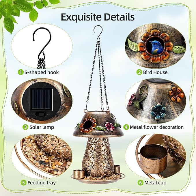 Mushroom Solar Bird Feeders for Outdoors Hanging Metal Wild Bird Feeder with S Hook for Garden Decoration Brown