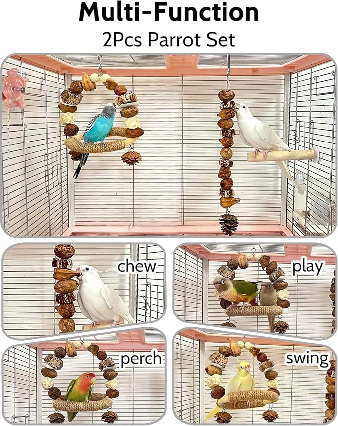 2Pcs Natural Bird Chew Toys, Wood Parakeet Swing Toys with Sisal Wrap for Claw Grinding, Hanging Safe Chew Toys for Parrot Beak Care, Multi-Play Design Cockatiel Toys for Budgie Conure Keeps Busy