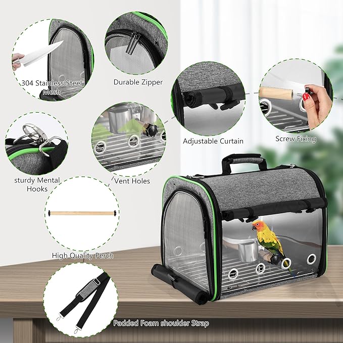 Bird Carrier Bag Bird Travel Cage Indestructible Stainless Steel Mesh, Bag with Stand for Parrot, Portable Bird Travel Bag, Pet Transparent Breathable Travel Cage