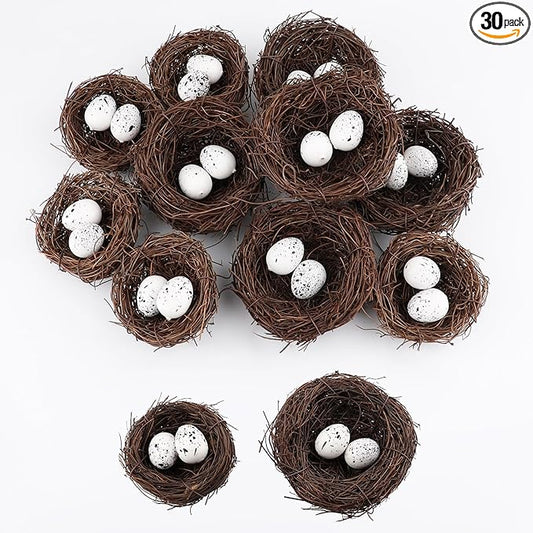 30Pcs Small Artificial Bird Nests with Eggs for Crafts,Handmade Natura Rattan Birds Nest for Easter, Wedding, Home, Party, and Christmas Tree Decorations(10pcs Mixed Small Size Nest, 20pcs Eggs)
