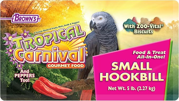 F.M. Brown's Tropical Carnival Gourmet Bird Food for Parrots, African Greys, and Conures Under 13", Probiotics for Digestive Health, Vitamin-Nutrient Fortified Daily Diet - 5 lb.