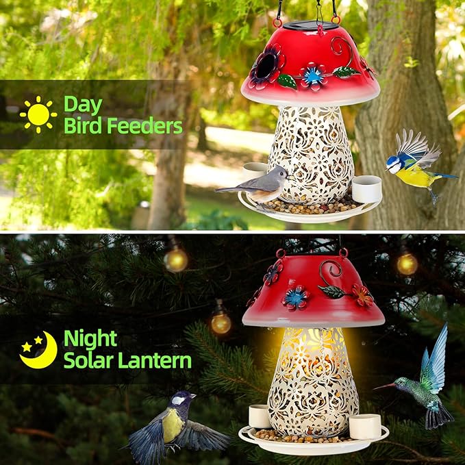 Mushroom Solar Bird Feeders for Outdoors Hanging Metal Wild Bird Feeder with S Hook for Garden Decoration Red