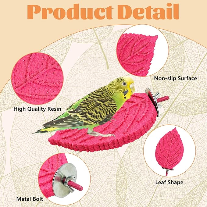 3 Pcs Bird Perch Resin Bird Beak Grinding Stone Leaf Shape Perch Stand Foot Clawing Trimmer Platform Cage Accessories for Cockatiels Conures Budgies Lovebirds (Pink)