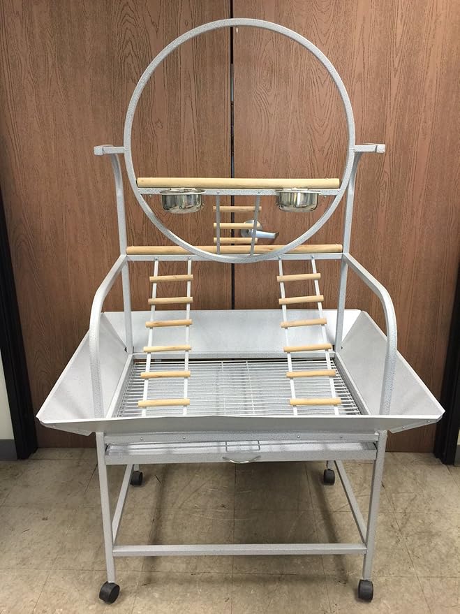 Extra Large "O" Wrought Iron Parrot Amazon Cockatoos MaCaws Play Gym Ground Seed Skirts Stand (White Vein)