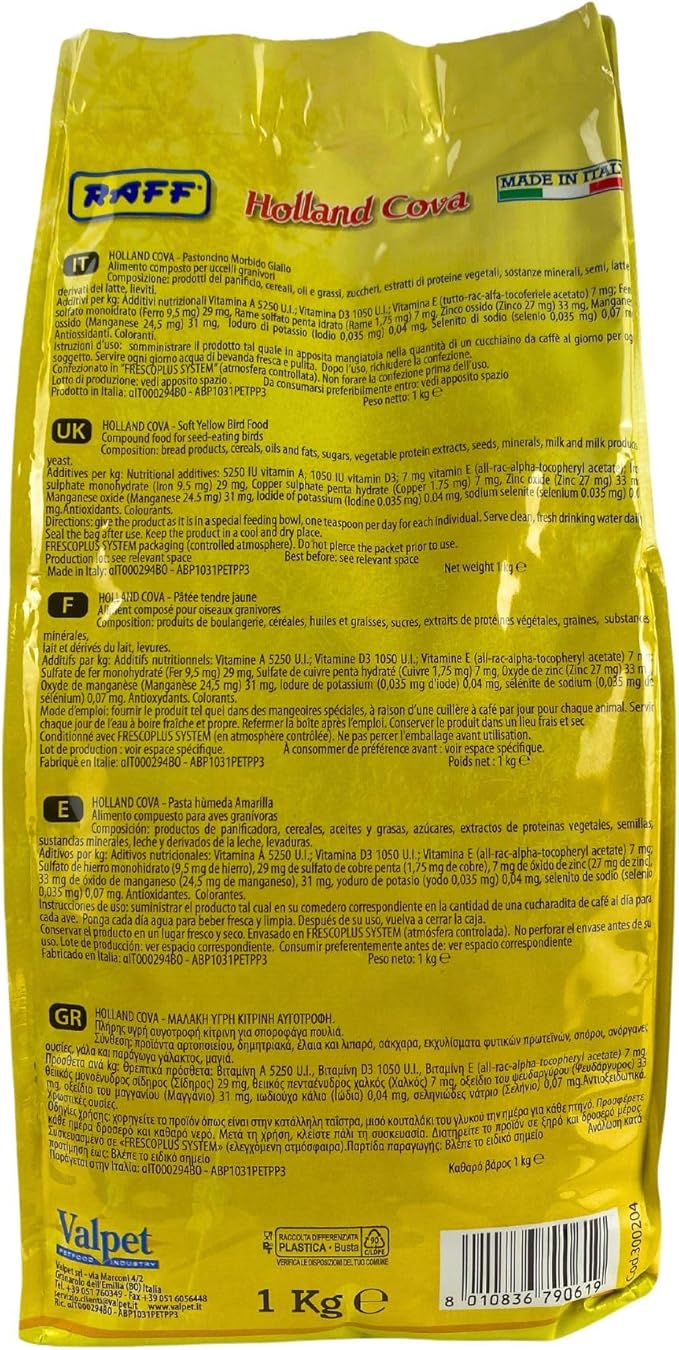 Raff Holland Cova Vitamins for Bird Food, Bag of Bird Feed for Canary Food, Goldfinches, Exotic Birds and More, Regular Use During Breeding or Molting for Healthier Birds and Vibrant Plumage(1Kg)