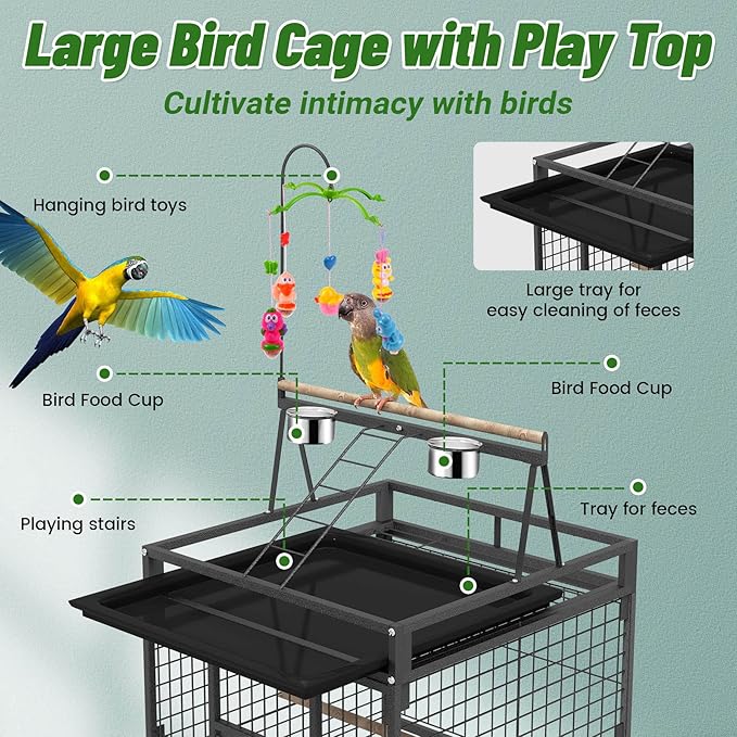 82 Inch Bird Cage, BOINN Bird Flight Cages with Rolling Stand & Bottom Tray, Wrought Iron Parrot Cage with PlayTop for Parakeet, Lovebirds, Ringneck, Cockatiels