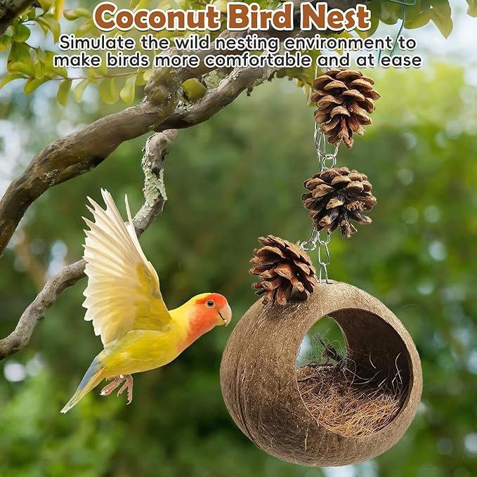 PINVNBY Natural Coconut Shells Bird Nest, Double-Opening Bird House with Coir Fiber Outdoor Hanging Coco Hide Hummingbird Nest for Small-Sized Budgies Canaries and Sugar Gliders