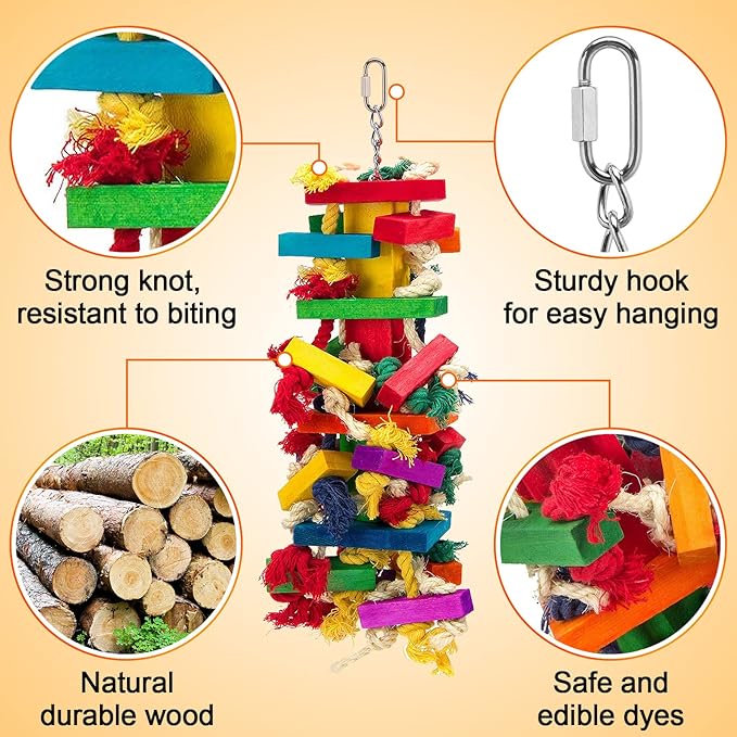Extra Large Natural Wood Bird Toys for Macaws, African Grey, Amazon Parrots Gifts