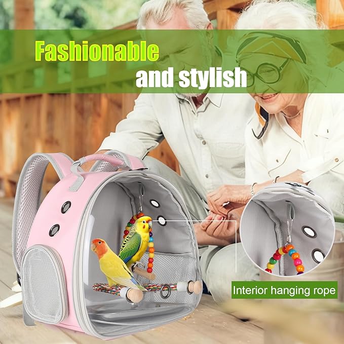 Portable Parrot Travel Cage Carrier with Small Swing Toy&Cage Colorful Toys Set Small Bird Parakeet Bag with Standing Perch Bird Carry Transport Bag (Pink, Backpack/Swing)