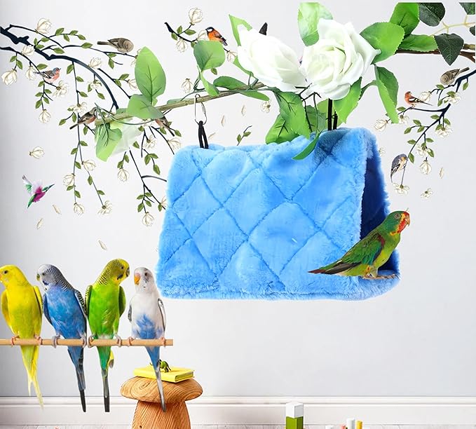 2 Pack Warm Bird Nest House Bed Hanging Hammock Sleeping Bed Plush Hanging Snuggle Cave Happy Hut for Pet Parrot Cockatiel Cockatoo Parakeet Conure African Grey Macaw (Blue&Pink)