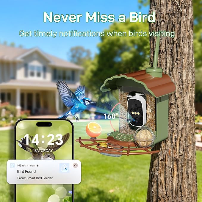 Smart Bird Feeder with Camera Solar Powered: 2K HD Video Wireless Outdoor Bird House Camera, AI Bird Species Identification & Arrival Alerts, Ideal Gift for Bird Lovers - Green