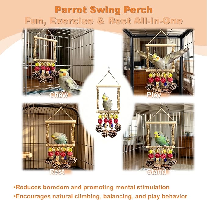 Bird Swing for Cage - Plant Style Parrot Toy with Sisal-Wrapped Perch, Natural Pine Swing with Multiple Plant Strands for Parakeets, Cockatiels, Budgies & Conures