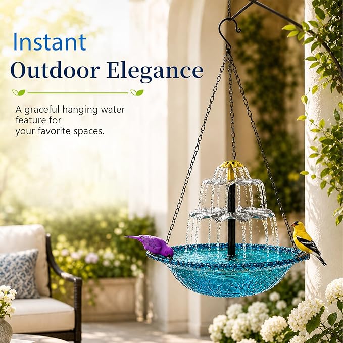 Hanging Bird Bath with Textured Bowl and Metal Chains, Solar Fountains with Cascade Flow for Outdoor Garden, Patio, and Yard Decor (Purple(XL))