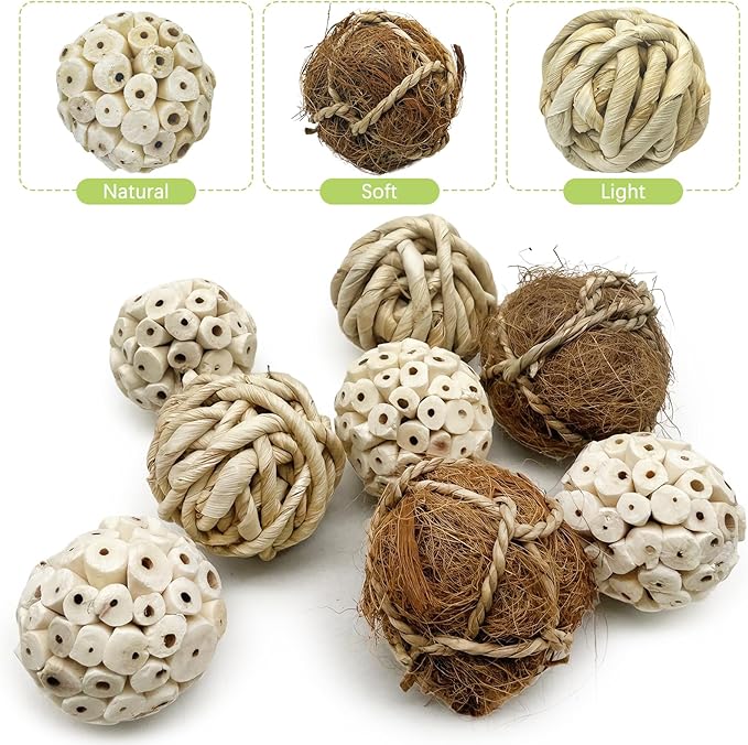 BNOSDM 8PCS Natural Bird Chew Toys Sola Balls Shred Toy Lightweight Conure Foot Toy Interactive Parrot Foraging Toys Bird Chew Balls with Hemp Rope Hook for Budgies Cockatiels Parakeets Senegal