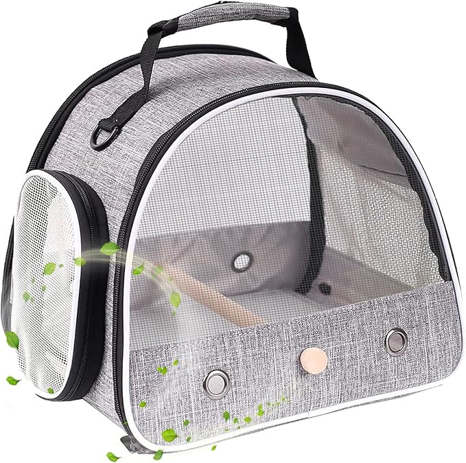Small Bird Travel Carrier, Portable Mesh Vented Bird Carrier Cage for Parakeet, Parrot, Cockatiel, Guinea Pig, Bearded Dragon Reptile Carrier for Hiking Vet Visit Bicycle Ride (Grey, Mesh Window)