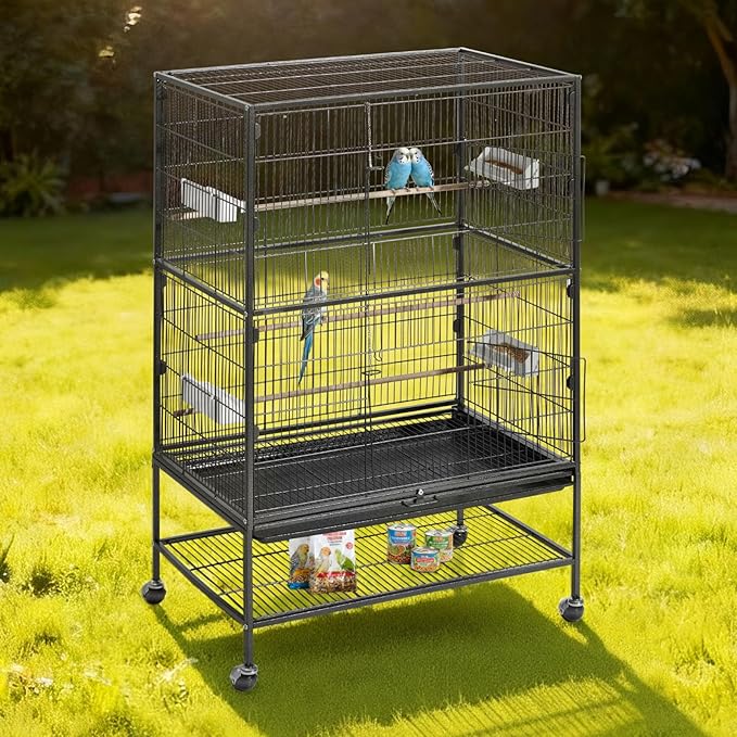 VEVOR Bird Cage, 31.5 x 20.5 x 52 inch, Flat Top, Wrought Iron Bird Flight Cage with Perches, Slide-Out Tray and Plastic Feeders, Casters, for Parrot, Blue Tit, Cockatiel, Canary, and Monk Parakeet