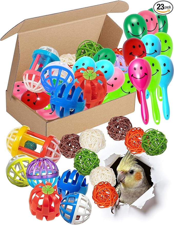 23 Pcs Bird Toys Set for Parakeet Budgie Parrot Colorful Bell Rattan Balls Safe Non-Toxic for Small Large Birds
