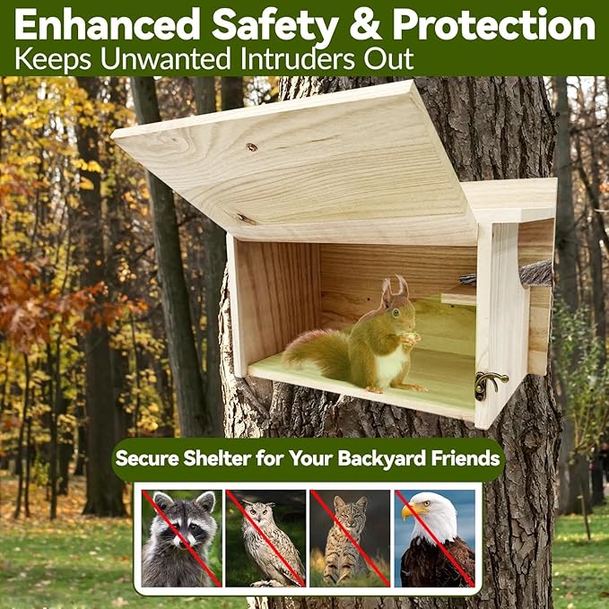 oyhqes Squirrel House Outside, Squirrel Wood Nesting Box with Window, Wooden Houses with Predator Guard, Hanging Shelter for Squirrels, Chipmunks, Birds, and Backyard Small Wildlife