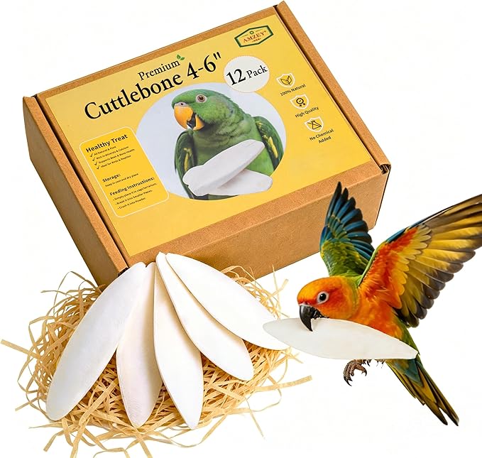 Amzey 12 Pack Cuttlebone for Birds, 4-6 Inches Sun-Dried 100% Natural Calcium Supplement, 100% Pure Cuttlefish Bone for Beak Trimming, Supports Healthy Bones, Feathers & Shells