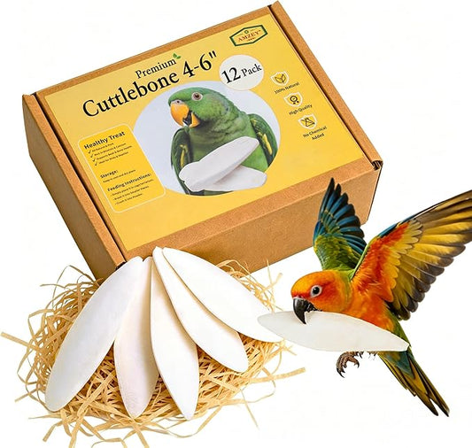 Amzey 12 Pack Cuttlebone for Birds, 4-6 Inches Sun-Dried 100% Natural Calcium Supplement, 100% Pure Cuttlefish Bone for Beak Trimming, Supports Healthy Bones, Feathers & Shells